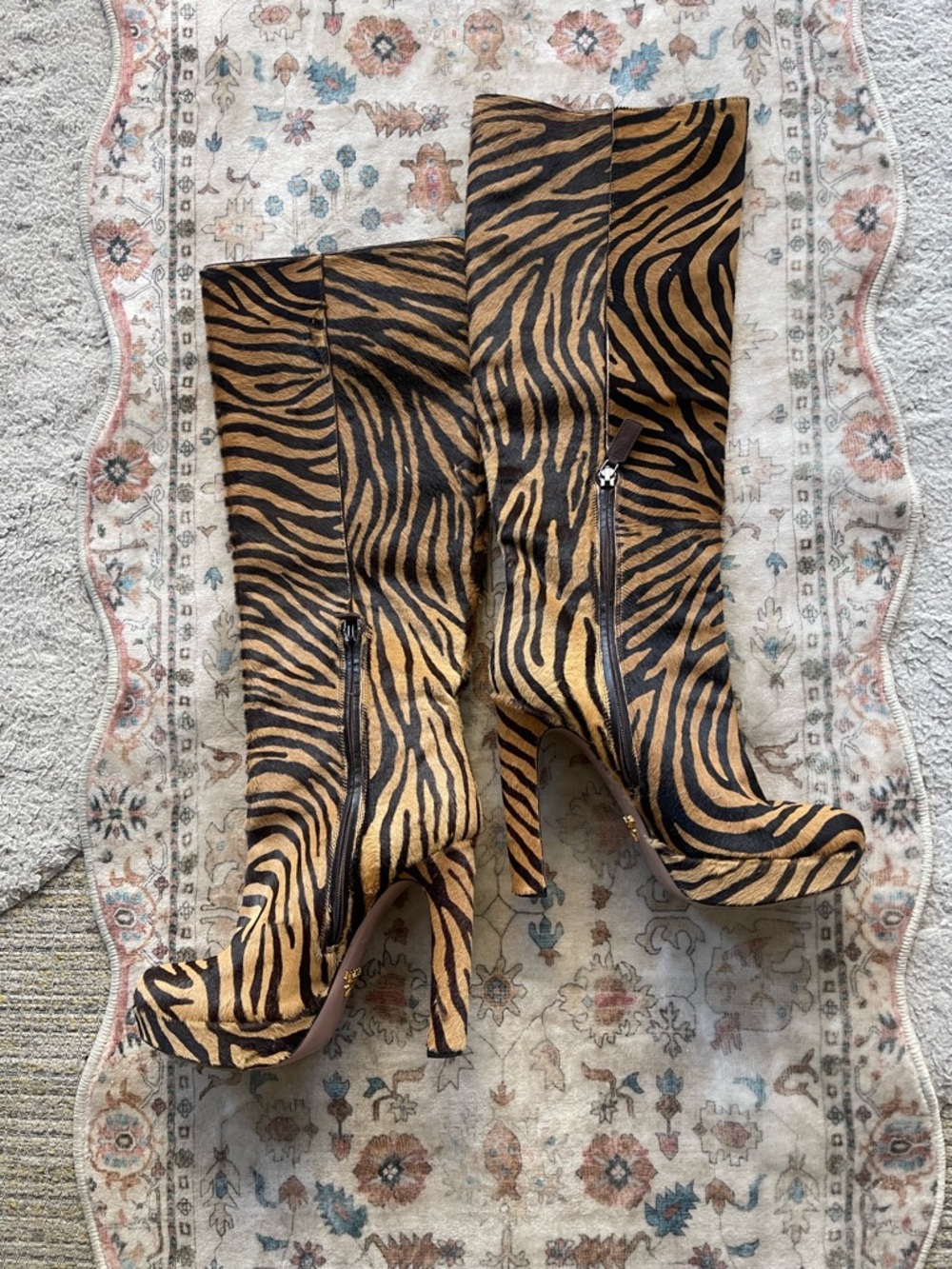 Prada Brown and Black Zebra-Print Knee High Pony Hair Platform Boots - Picture 11 of 13